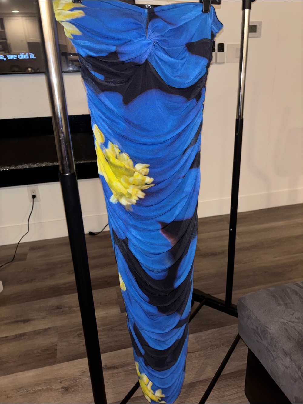 Zara Strapless Blue Floral Ruched Maxi Dress L